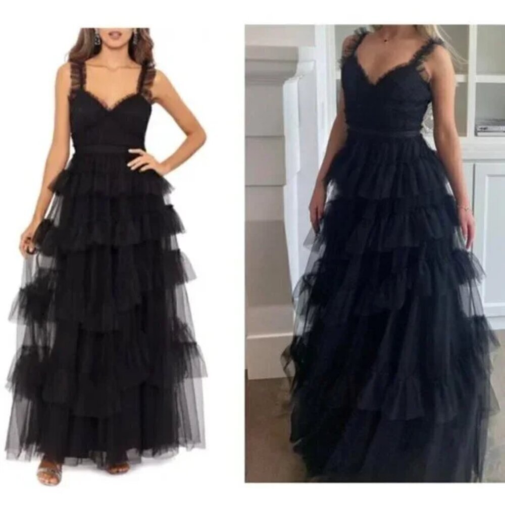 BETSY & ADAM Tiered Ruffle Tulle Gown in Black Size US 4
